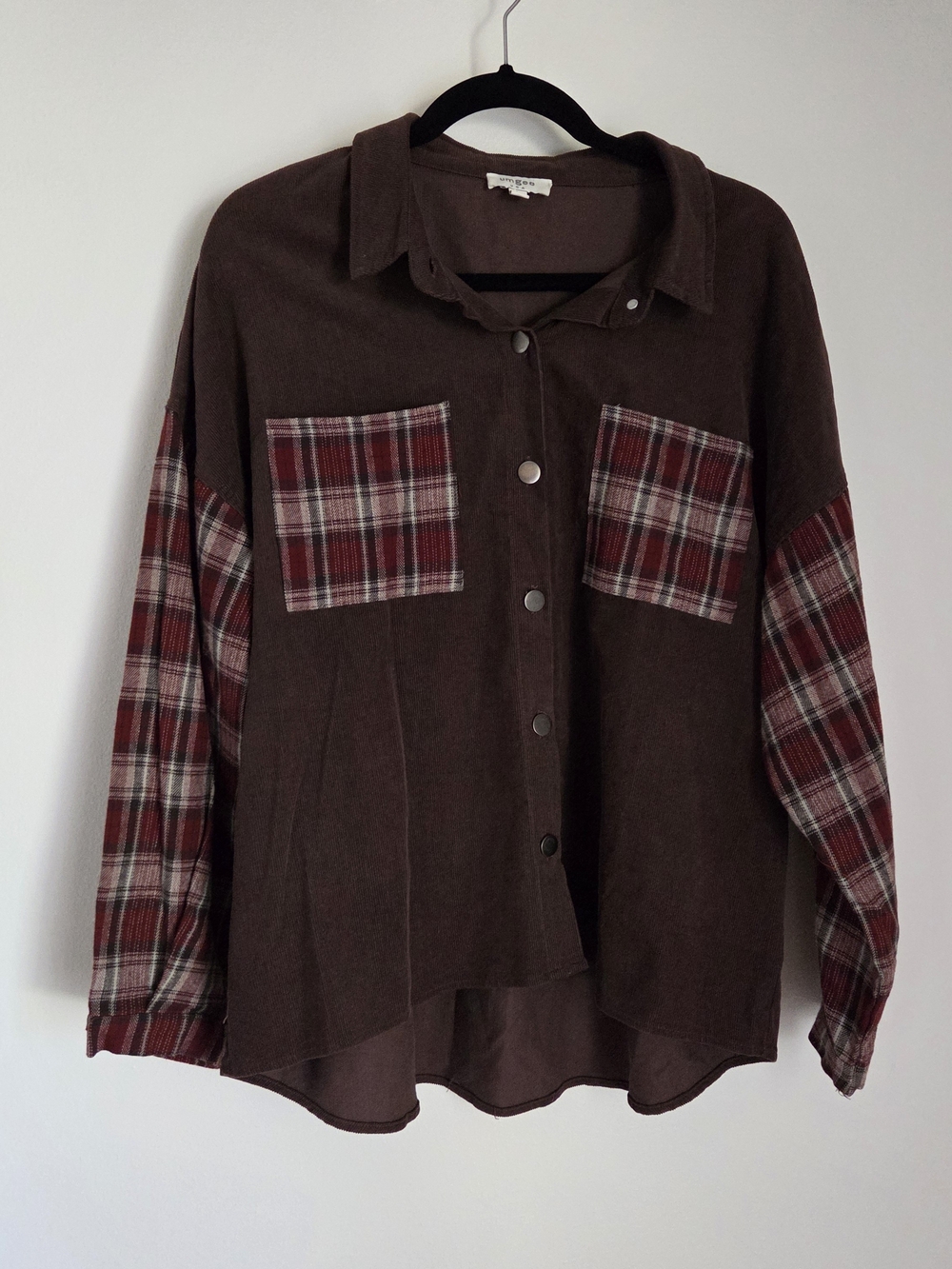 Umgee Mixed Media Corduroy Plaid Shacket Oversized Grunge Western size L